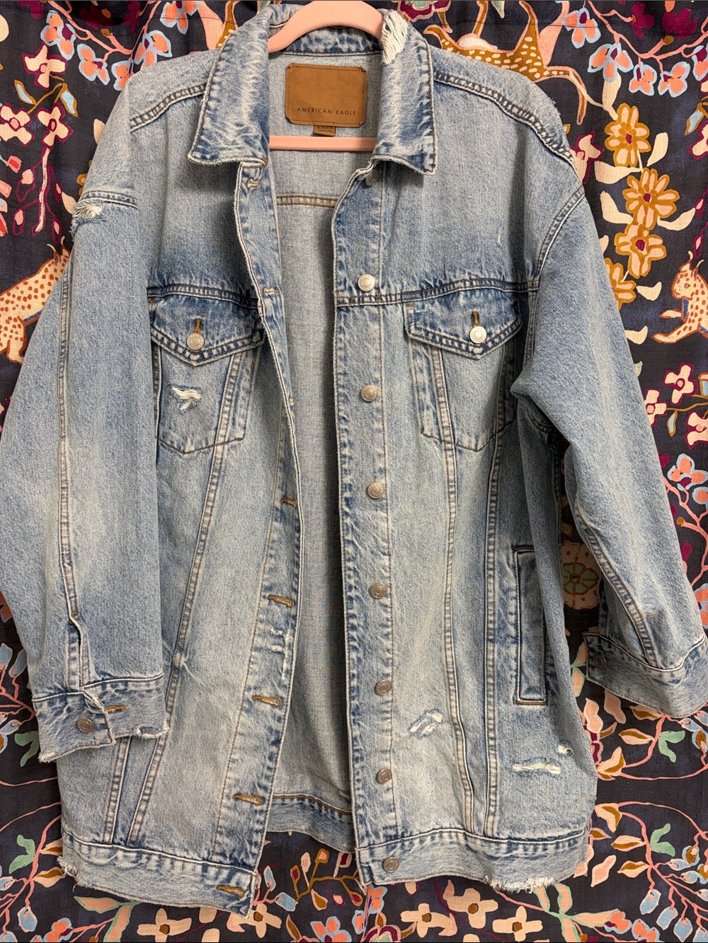 American Eagle Outfitters Light Wash Denim Jacket - Oversized, Long Women's